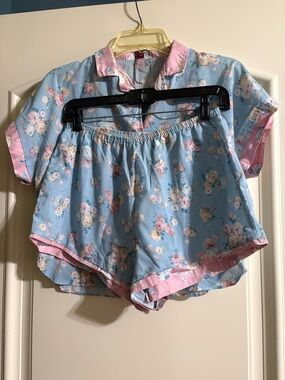 Floral Satin Short Pajama Set in Light Blue and Pink